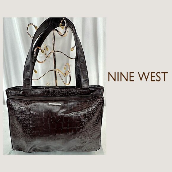 Nine West Dk Brown Croc Embossed Faux Leather Tote Bag | Shoulder Bag | Elegant - Picture 1 of 10